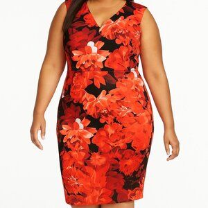 Calvin Klein Women's Red Black Floral Sheath Scuba Dress Size 16